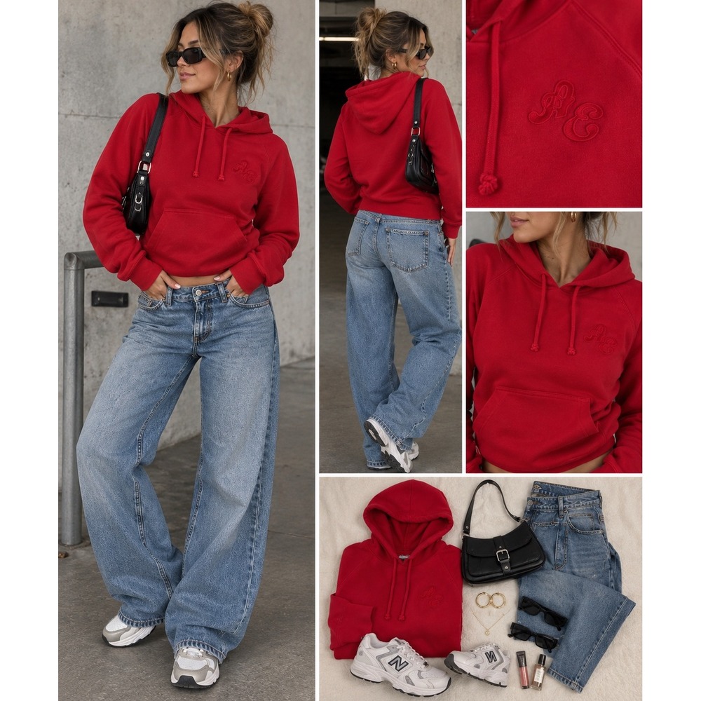 American Eagle Outfitters Red Cotton Pullover Hoodie Sweatshirt Womens Large